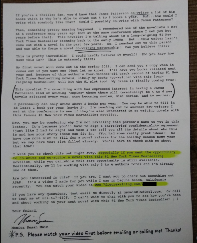 Page 2 of Monica's snail mail pitch letter