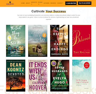Screenshot of website of Book Writing Bureau, falsely claiming credit for a variety of traditionally-published books including BELOVED by Toni Morrison and DEVOTED by Dean Koontz