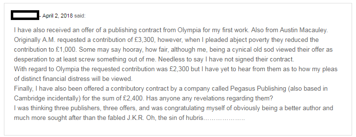 Screenshot of review of Olympia Publishing, but writer who received offers from Olympia ($2,300), Pegasus ($2,400), and Austin Macauley ($3,300)