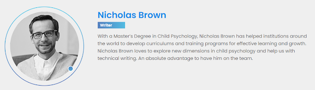 Bio of fake ghostwriter "Nicholas Brown", identically present on at least two ghostscam websites