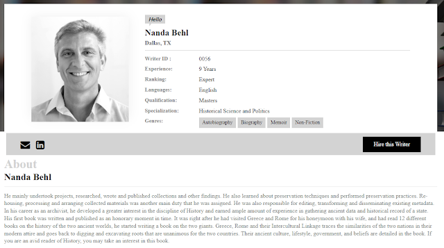 Fake bio of "Ghostwriter" Nanda Behl, with stock image photo and made-up, ridiculous bio: "He mainly undertook projects, researched, wrote and published collections and other findings...His first book was written and published as an honorary moment in time."