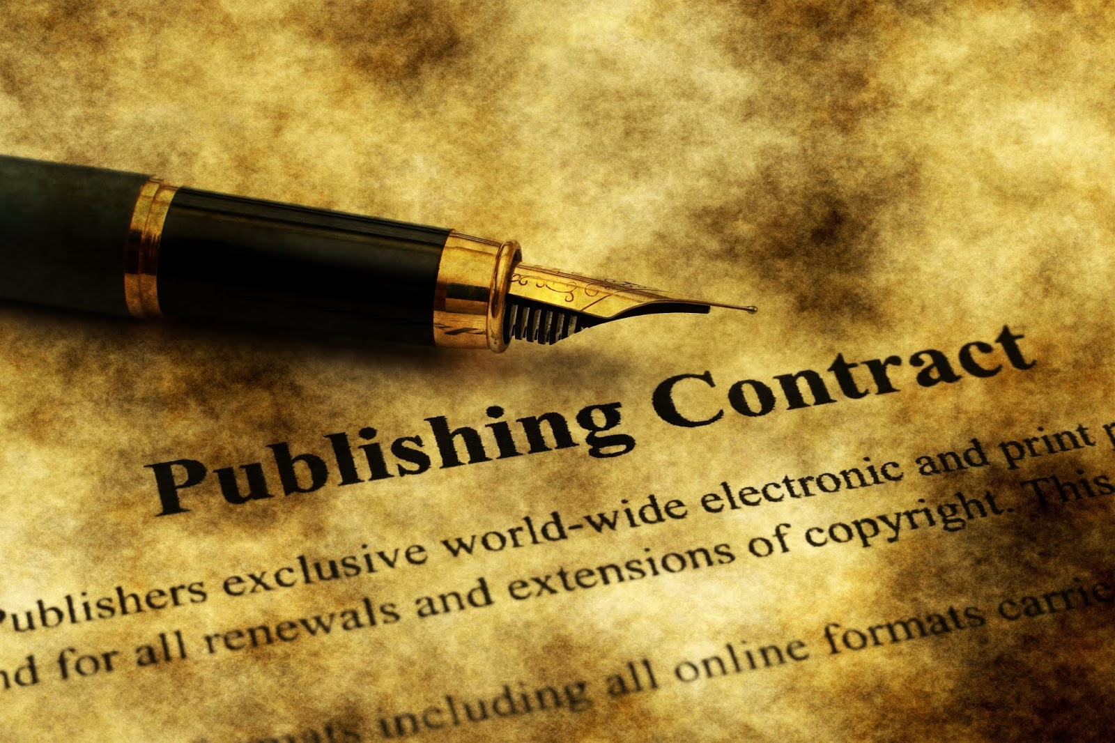 Header image: fountain pen on a sepia background over the words "Publishing Contract" (credit: alexskopje / Shutterstock.com)