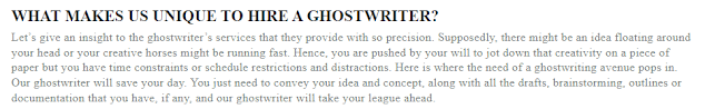Screenshot from website of Ghostwriting Avenue: "Supposedly there might be an idea floating around your head or your creative horses might be running fast. Hence, you are pushed by your will to jot down that creativity...our ghostwriter will take your league ahead."