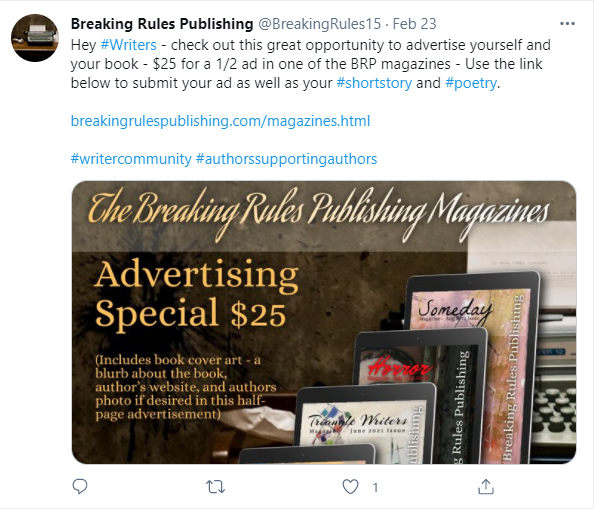 Screenshot of BRP ad selling advertising services for authors in BRP magazines