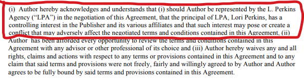 RAB contract clause acknowledging that Lori Perkins "has a controlling interest in the Publisher and its various affiliates and that such interest may pose or create a conflict that may adversely affect the negotiated terms and conditions contained in this Agreement"
