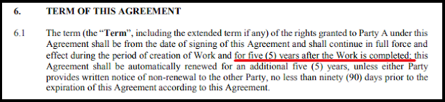 6. TERM OF THIS AGREEMENT
6.1 The term (the “Term”, including the extended term if any) of the rights granted to Party A under this
Agreement shall be from the date of signing of this Agreement and shall continue in full force and
effect during the period of creation of Work and for five (5) years after the Work is completed; this
Agreement shall be automatically renewed for an additional five (5) years, unless either Party
provides written notice of non-renewal to the other Party, no less than ninety (90) days prior to the
expiration of this Agreement according to this Agreement. 