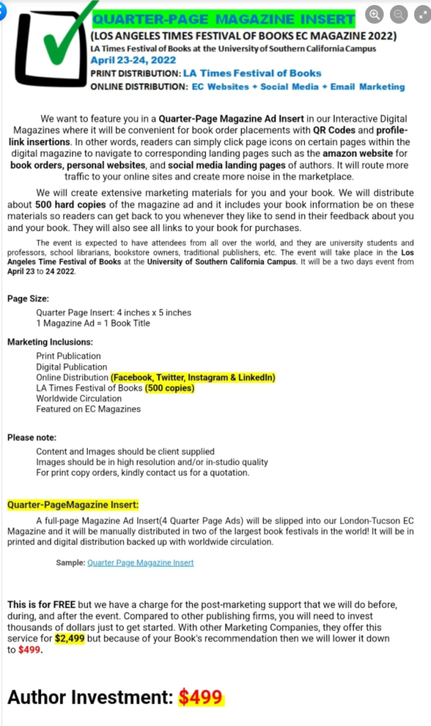 EC Publishing solicitation: "Quarter page magazine insert" for $499