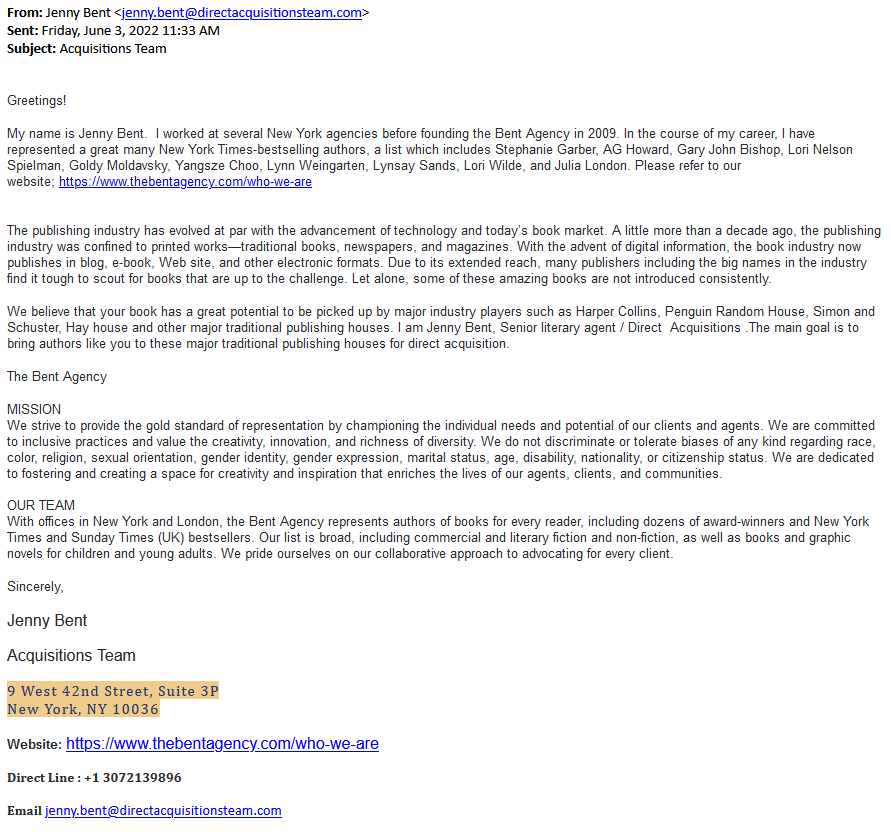 First solicitation email from fake Jenny Bent