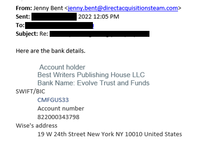 Banking information for Best Writers Publishing House LLC