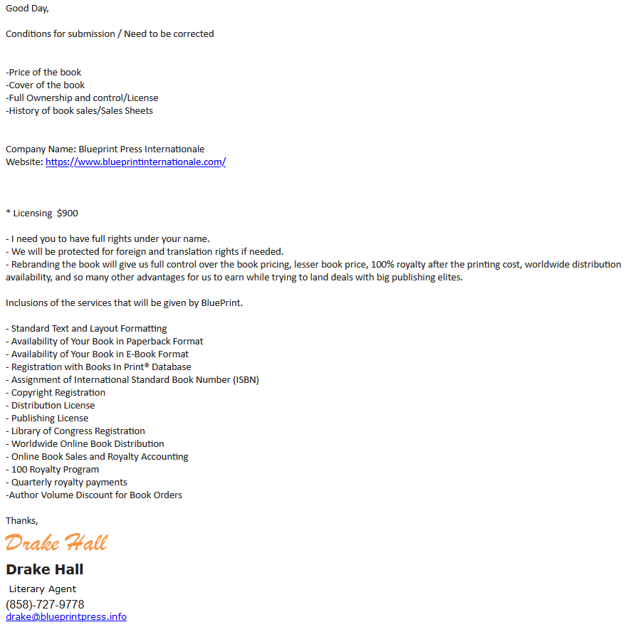 Fake agent "re-licensing" offer and fees: $900, with referral to Blueprint Press Internationale