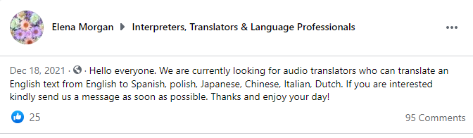 Facebook job posting from Elena Morgan: "We are currently looking for audio translators who can translate an English text from English to Spanish, polish, Japanese, Chinese Italian, Dutch."