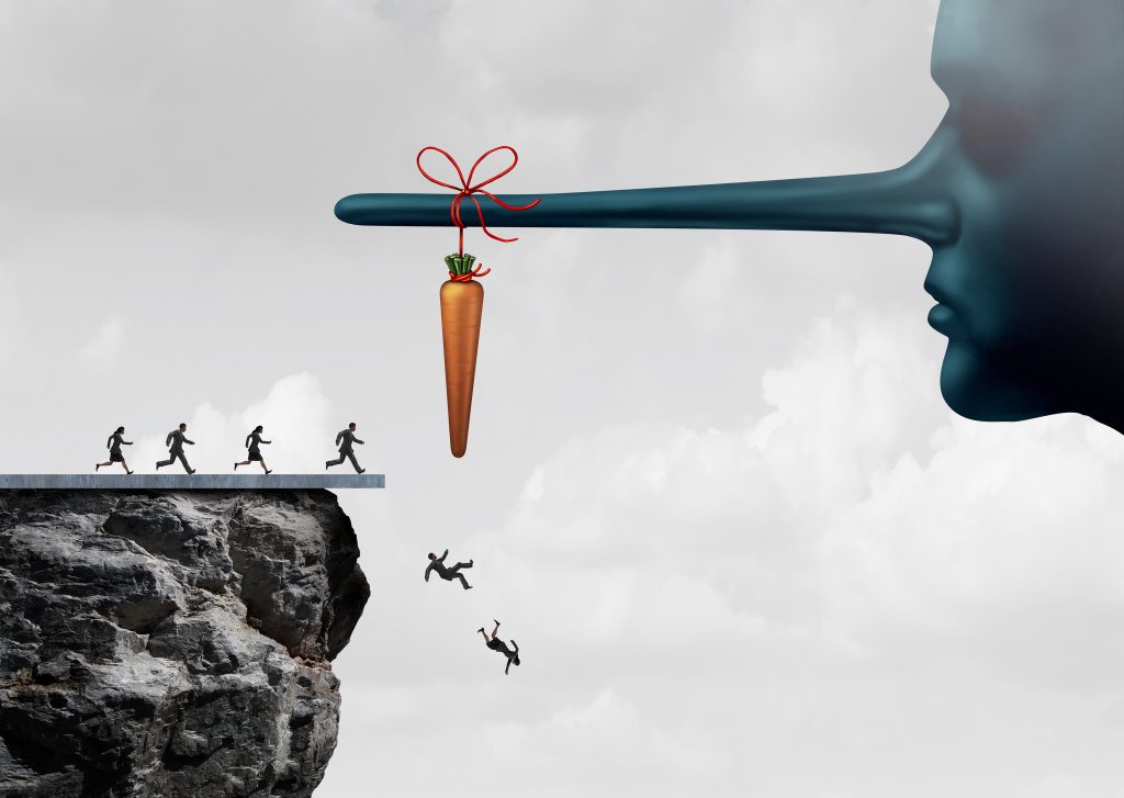 Header image: giant face with long Pinocchio nose with a carrot tied to the end of it, overlooking a cliff where lemming-like humans are dashing to tumble over the edge