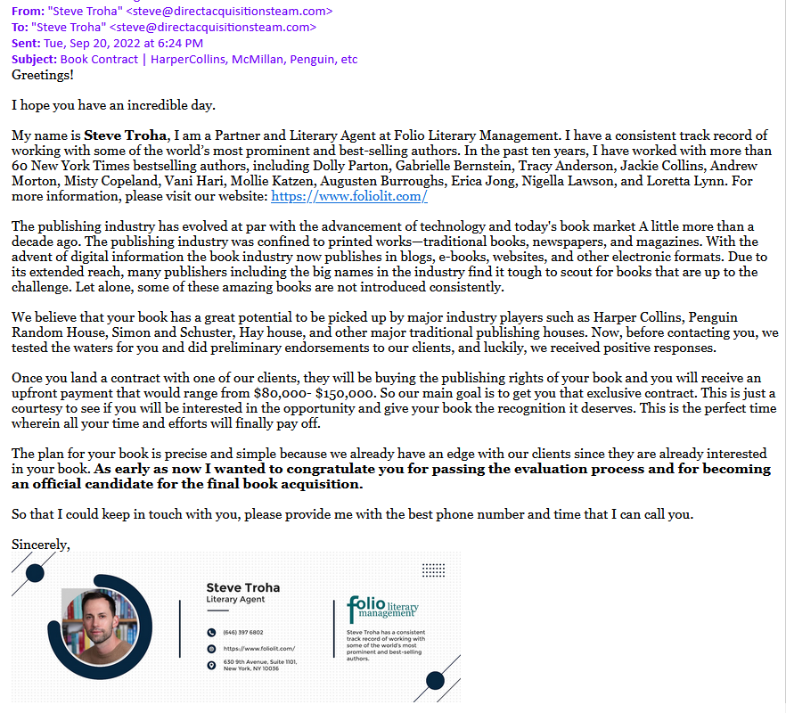 Scam solicitation impersonating Steve Troha of Folio Literary Management