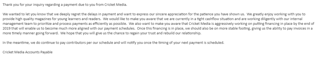 2019 response from Cricket Accounts Payable claiming tight cashflow