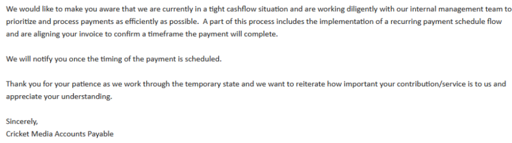 2021 response from Cricket Accounts Payable claiming tight cash flow