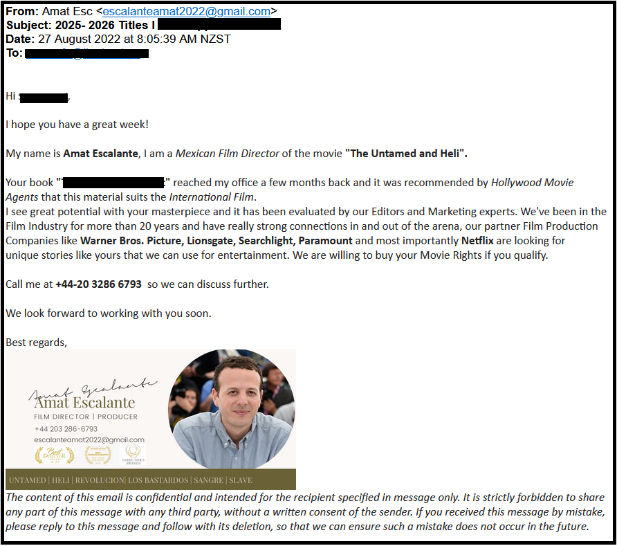 Solicitation email supposedly from Amat Escalante offering to buy movie rights, largely identical to the two previous emails