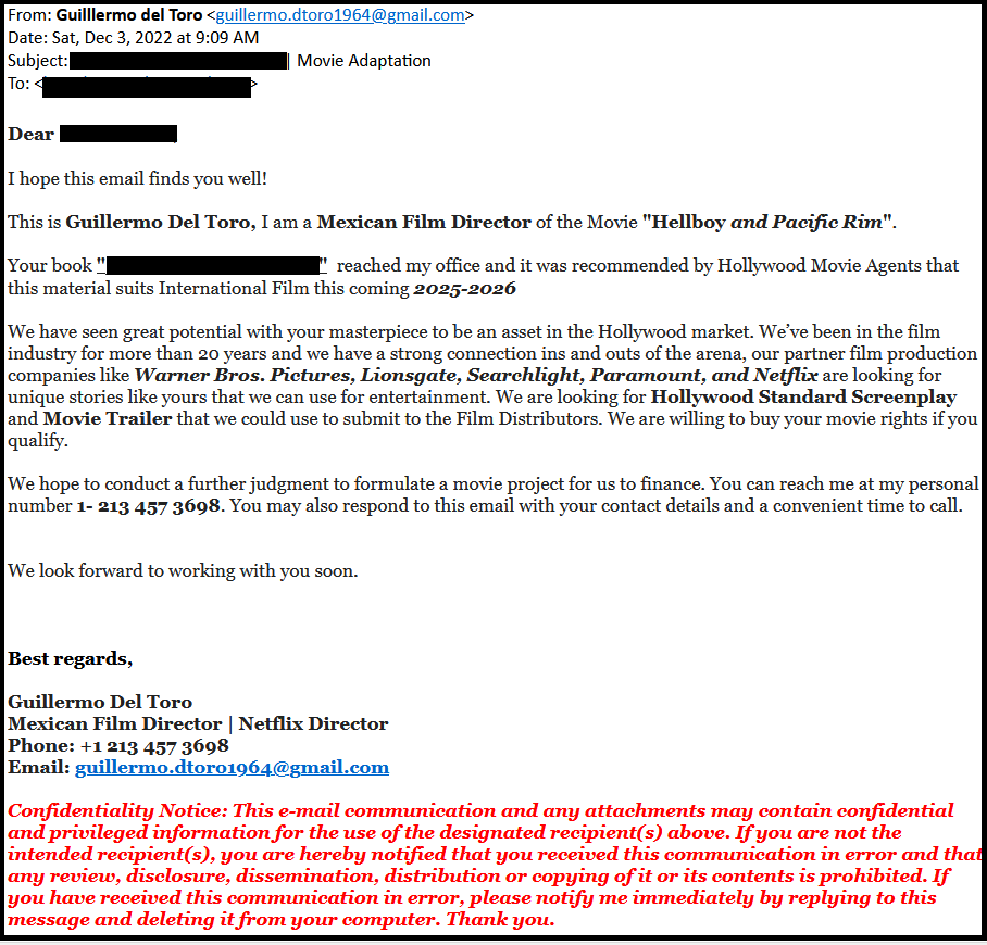 Solicitation email supposedly from Guillermo del Toro offering to buy movie rights