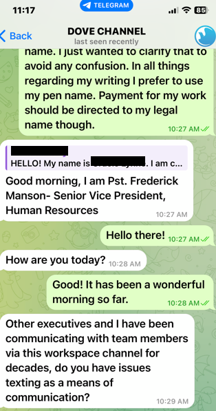 Screenshot of Telegram conversation with "Senior Vice President, Human Resources Pst. Frederick Manson", purportedly representing Dove Channel