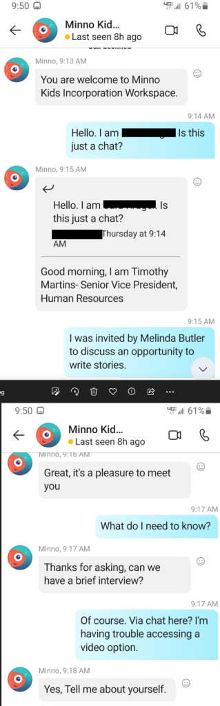 Screenshots of text interview between "Minno" and writer--same intro and questions as "Acorn TV" text interview