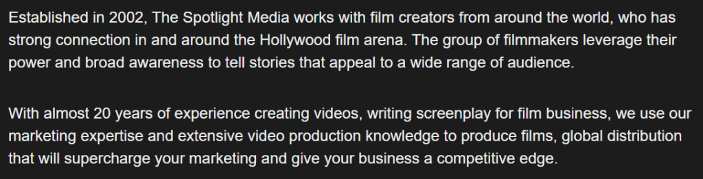 Text from The Spotlight Media Productions identical to Above the Line Film and Media Productions