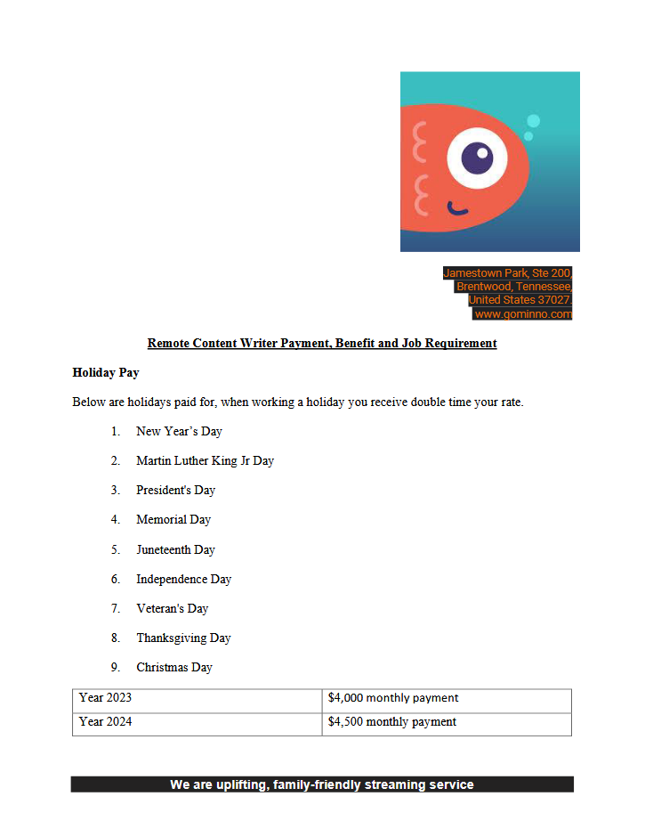 "Minno" Benefits and Job Requirement document, page 1, promising payment of $4,000 monthly