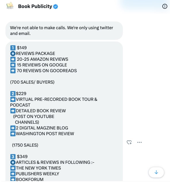 PR package offers from "Book Publicity" on Twitter: junk marketing for $149, $229. and $349