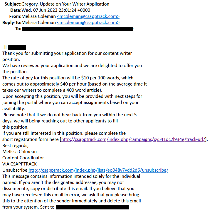 IAPWE solicitation as CSAPPTRACK, thanking the receipient for "submitting your application for our content writer position" and providing a link to a registration form