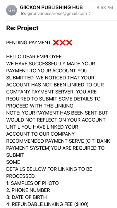 Screenshot of Glickon Hub "pending payment" message, requiring payment of a "refundable linking fee ($100)"