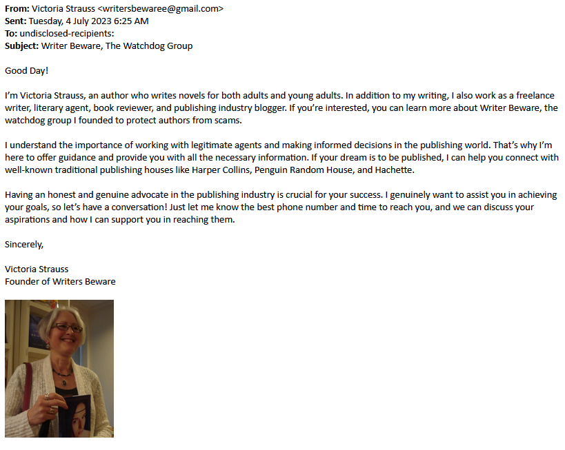 Screenshot of email impersonating me, with "writersbewaree@gmail.com" address and an offer to "connect [you] with well-known traditional publishing houses" and "assist you in achieving your goals"
