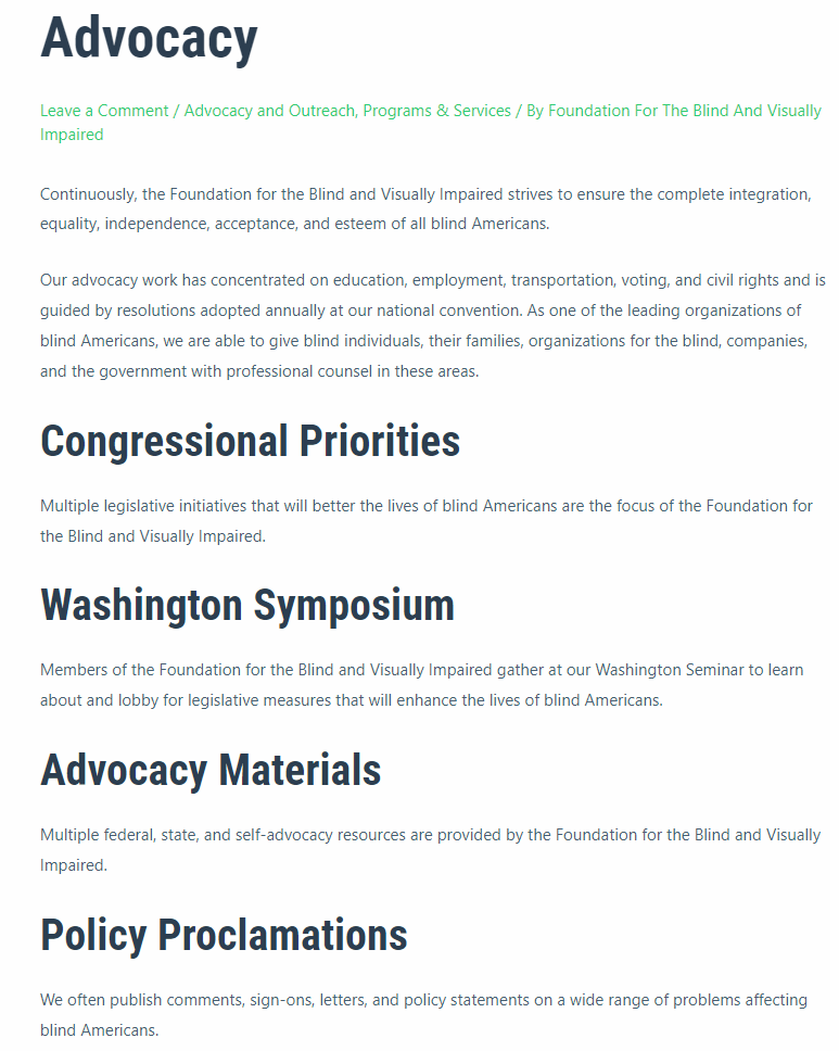 The Advocacy page of the Foundation for the Blind and Visually Impaired with captions: Congressional Priorities, Washington Symposium, Advocacy Materials, Policy Proclamations