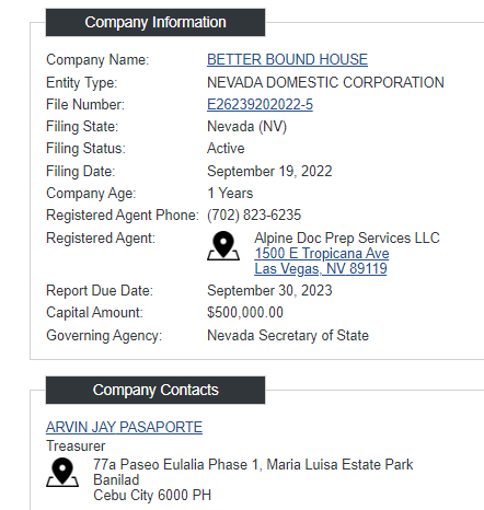 Screenshot of Better Bound House US business registration in Nevada, with Treasurer Arvin Jay Pasaporte