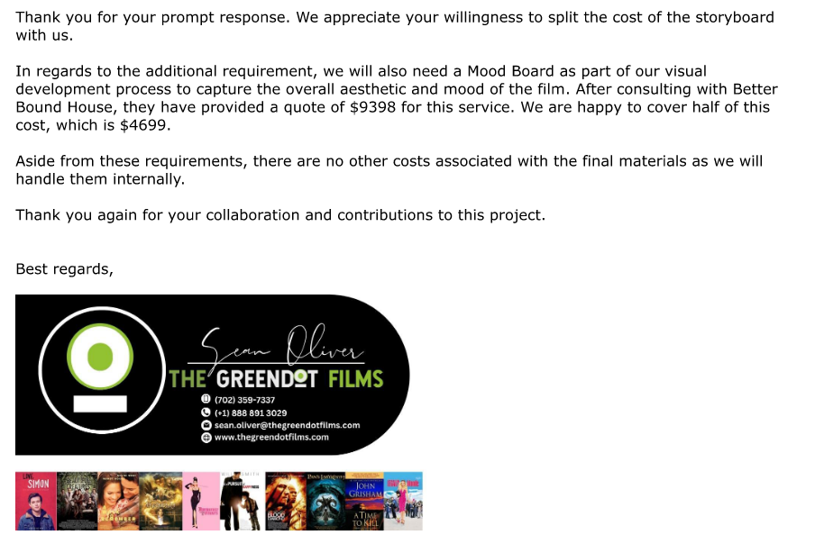 Screenshot of Greendot email stating they'll also need a mood board, which BBH can supply for $9,398. Greendot will cover half, or $4,699