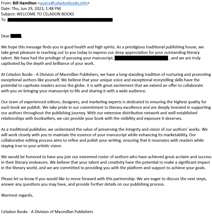 Solicitation email impersonating Macmillan imprint Celadon Books
