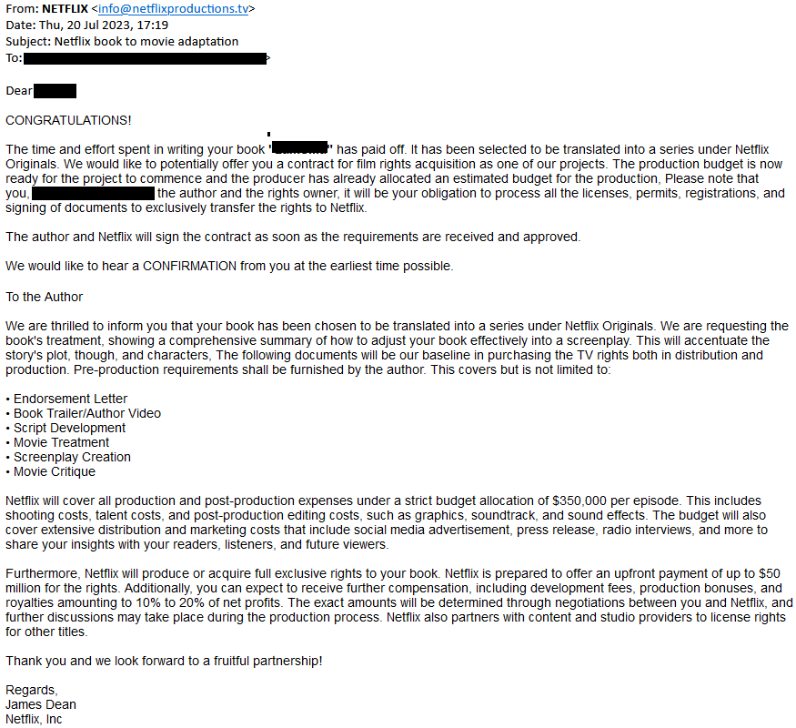 Solicitation email impersonating Netflix