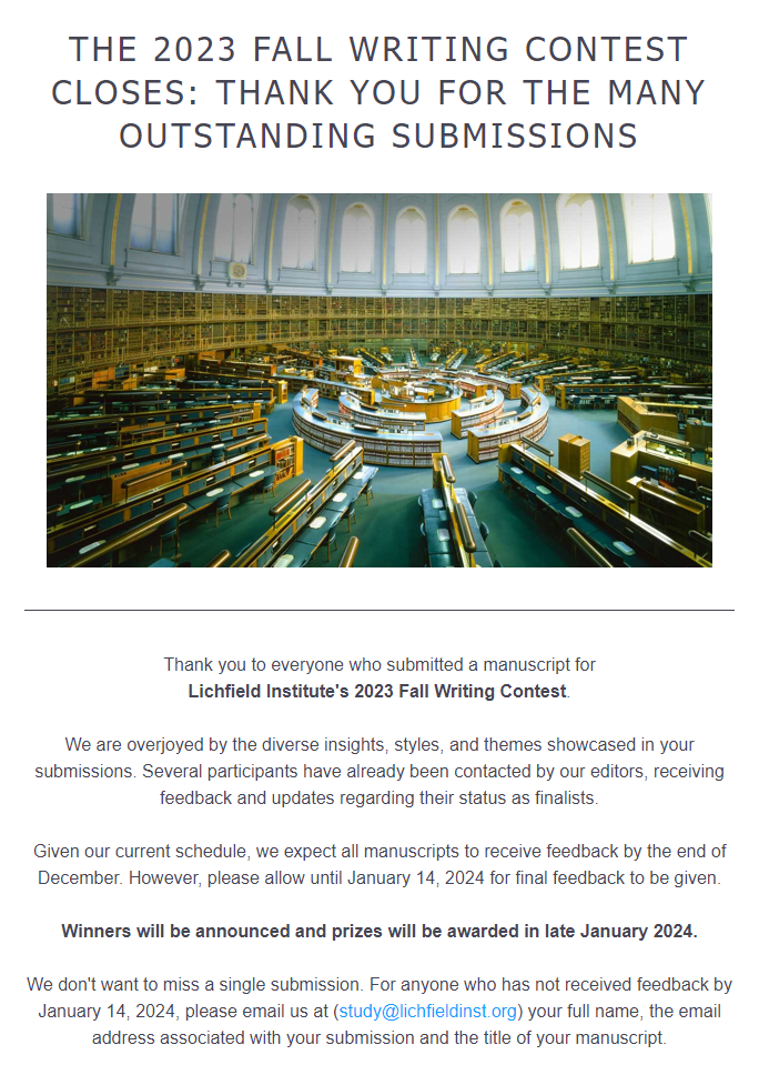 Announcement of contest closing, promising feedback on submissions by January 14, 2024, and announcement of winners in "late January 2024"