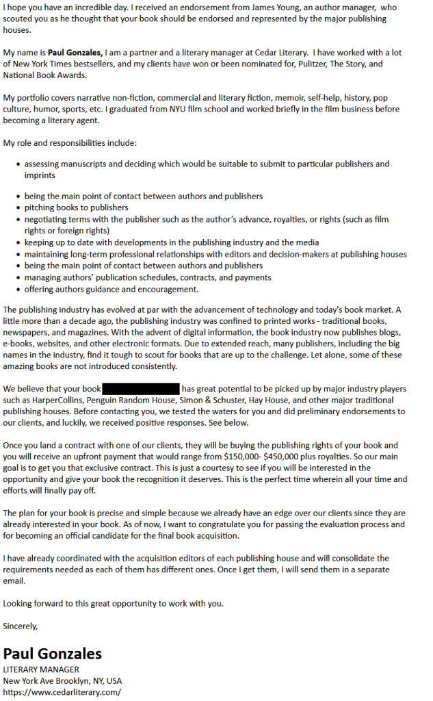 Solicitation email from Paul Gonzales, Literary Manager, Cedar Literary