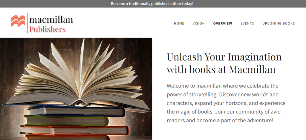 Screenshot of Overview page: "Unleash Your Imagination with books at MacMillan. Welcome to macmillan [sic] where we celebrate the power of storytelling"