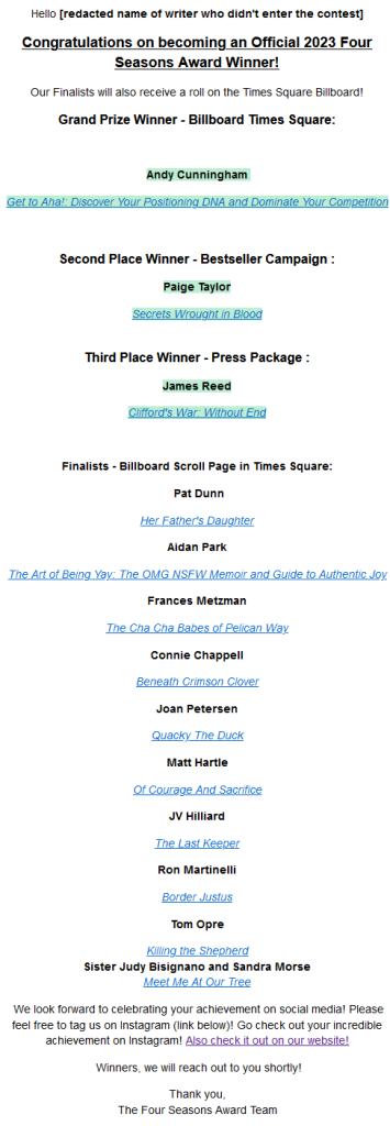 Screenshot of 4 Seasons 2023 Grand Prize Winners announcement, received by an author who did not enter the contest: "Congratulations on becoming an Official 2023 Four Seasons Award Winner!)