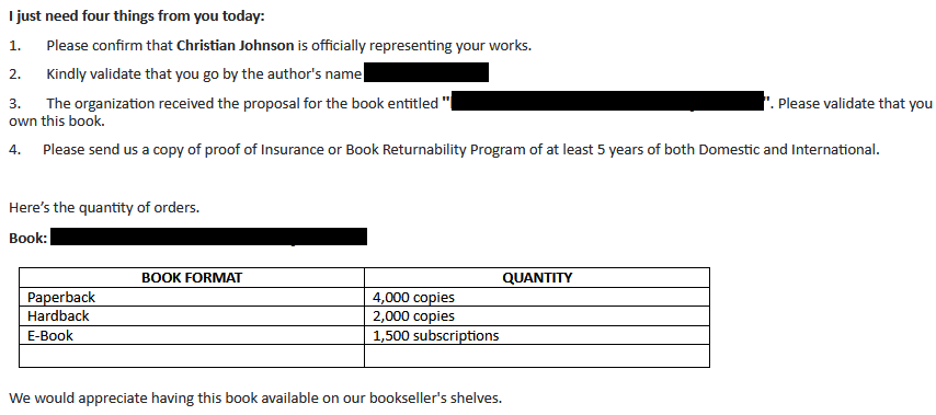 "Purchase order" from The Readers Retreat, requiring "a copy of proof of Insurance or Book Returnability Program of at least 5 years of both Domestic and International" for an order of 4,000 paperbacks, 2,000 hardcovers, and 1,500 ebooks