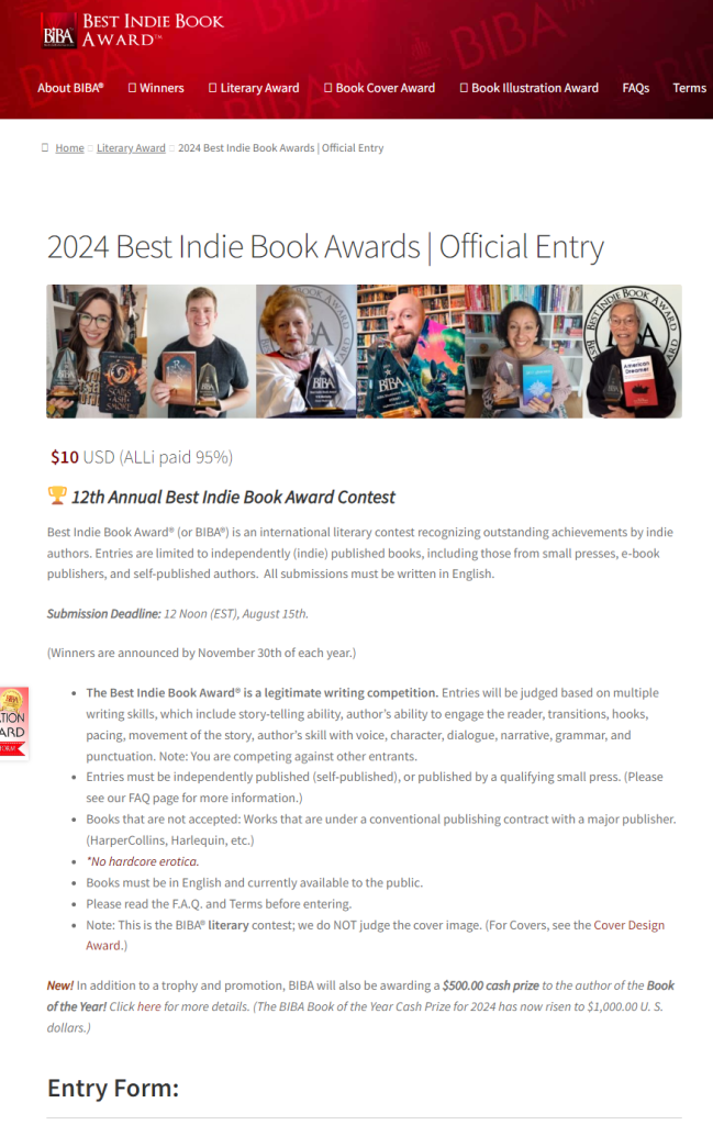 Exact duplicate of BIBA's official entry page,; the only change is the entry fee: "$10 (ALLi paid 95%)"