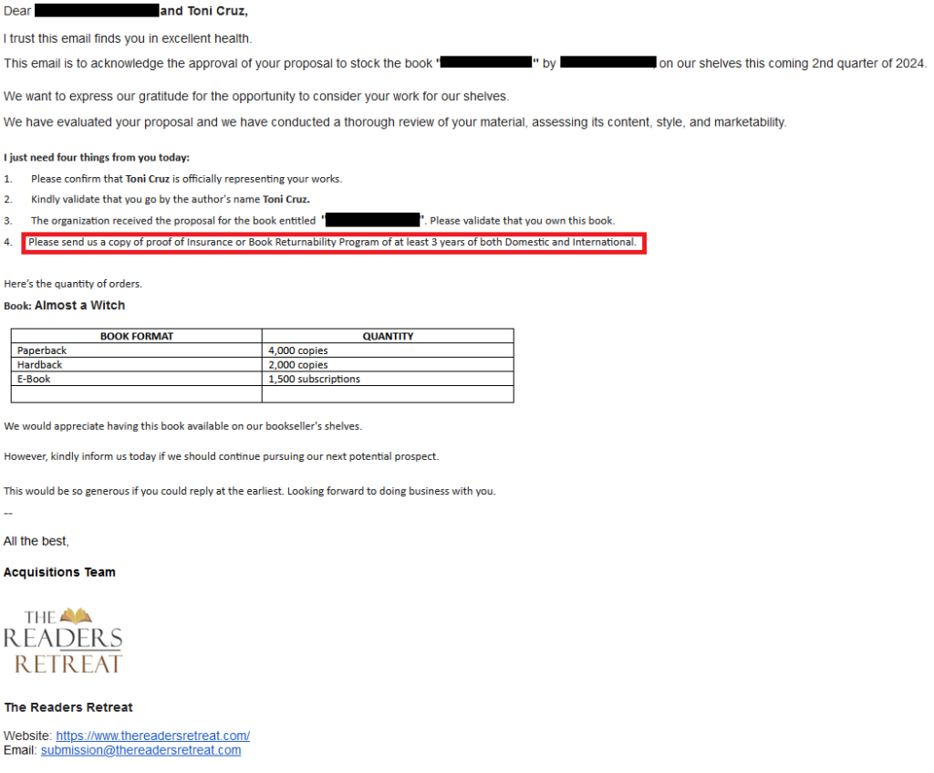 Bogus book order email from The Reader's Retreat for thousands of physical copies. Requirement: "Please send us a copy of proof of insurance or Book Returnability Program of at least 3 years of both Domestic and International."