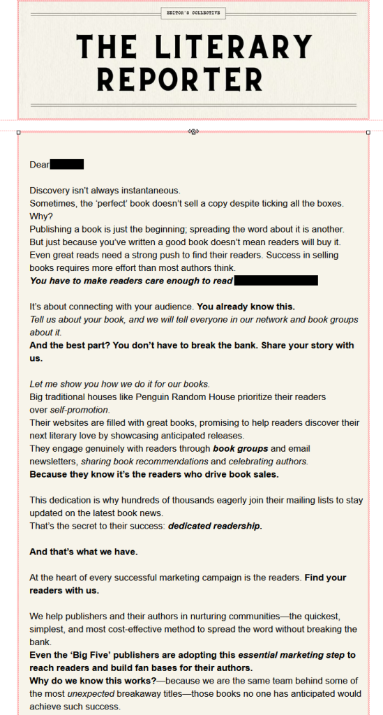 First half of email from The Literary Reporter