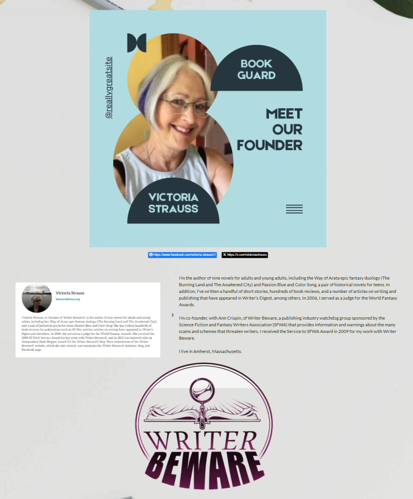 Screenshot of Book Guard website with photo of Victoria labeled Book Guard: Meet Our Founder. Also included: a screenshot of Victoria's bio from the WB blog and Writer Beware's logo
