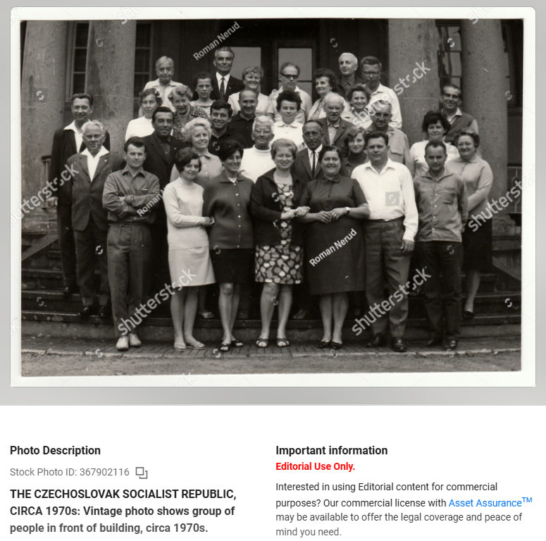 Vintage photo, with Shutterstock watermarks, of a group of people gathered on the steps of a building, titled THE CZECHOSLOVAK SOCIALIST REPUBLIC, CirCA 1970s (credit: Roman Nerud / Shutterstock.com)
