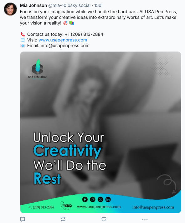 USA Pen Press ad posted by "Mia Johnson" @mia-10.bsky.social "Unlock Your Creativity We'll Do the Rest"