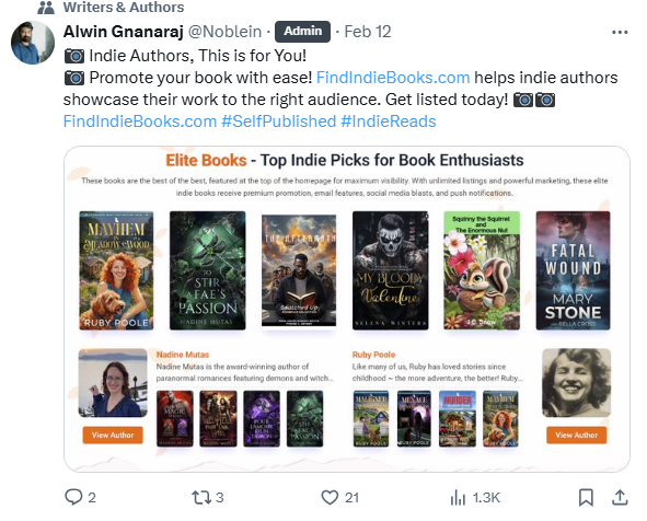 Screenshot of post from Alwin Gnanaraaj's X account: 
"Indie Authors, This is for You!
Promote your book with ease! FindIndieBooks.com helps indie authors showcase their work to the right audience. Get listed today!