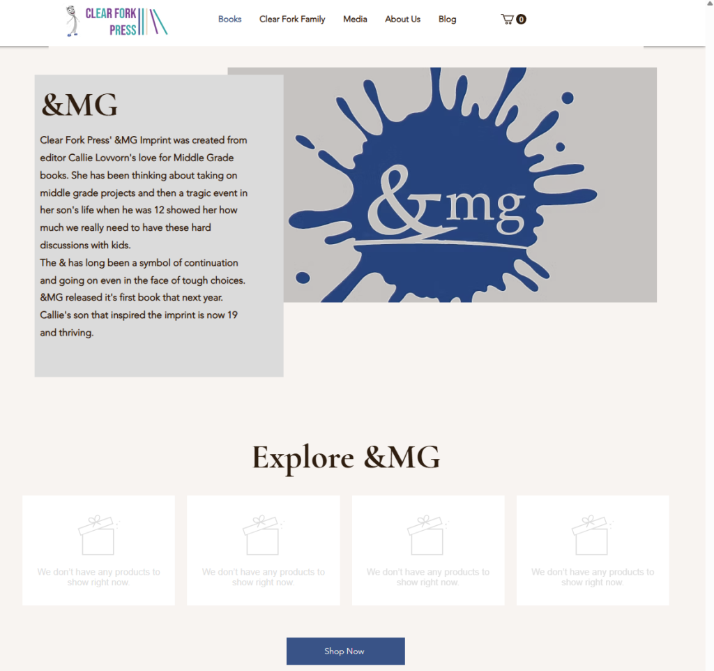 Screenshot of CFP's &MG imprint page, showing a description of the imprint, the imprint logo, and, under the heading "Explore &MG", four empty image boxes saying "We don't have any products to show right now"