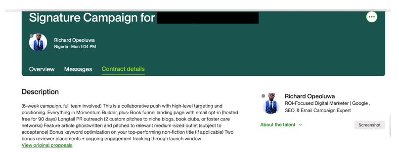Screenshot of Upwork profile of Richard Opeoluwa, ROI-Focused Digital Marketer, including description of 6-week campaign
