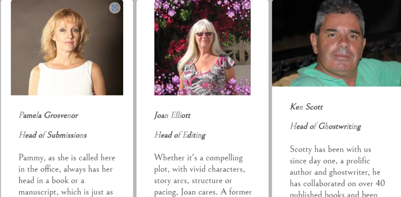 Screenshot of second half of Fortis Publsihing Team, with Pamela Grosvenor (Head of Submissions), Joan Elliott (Head of Editing), and Ken Scott (Head of Ghostwriting)
