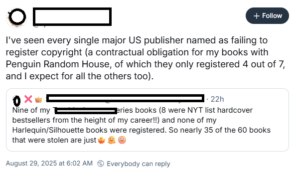 I've seen every single major US publisher named as failing to register copyright (a contractual obligation for my books with Penguin Random House, of which they only registered 4 out of 7, and I expect for all the others too).